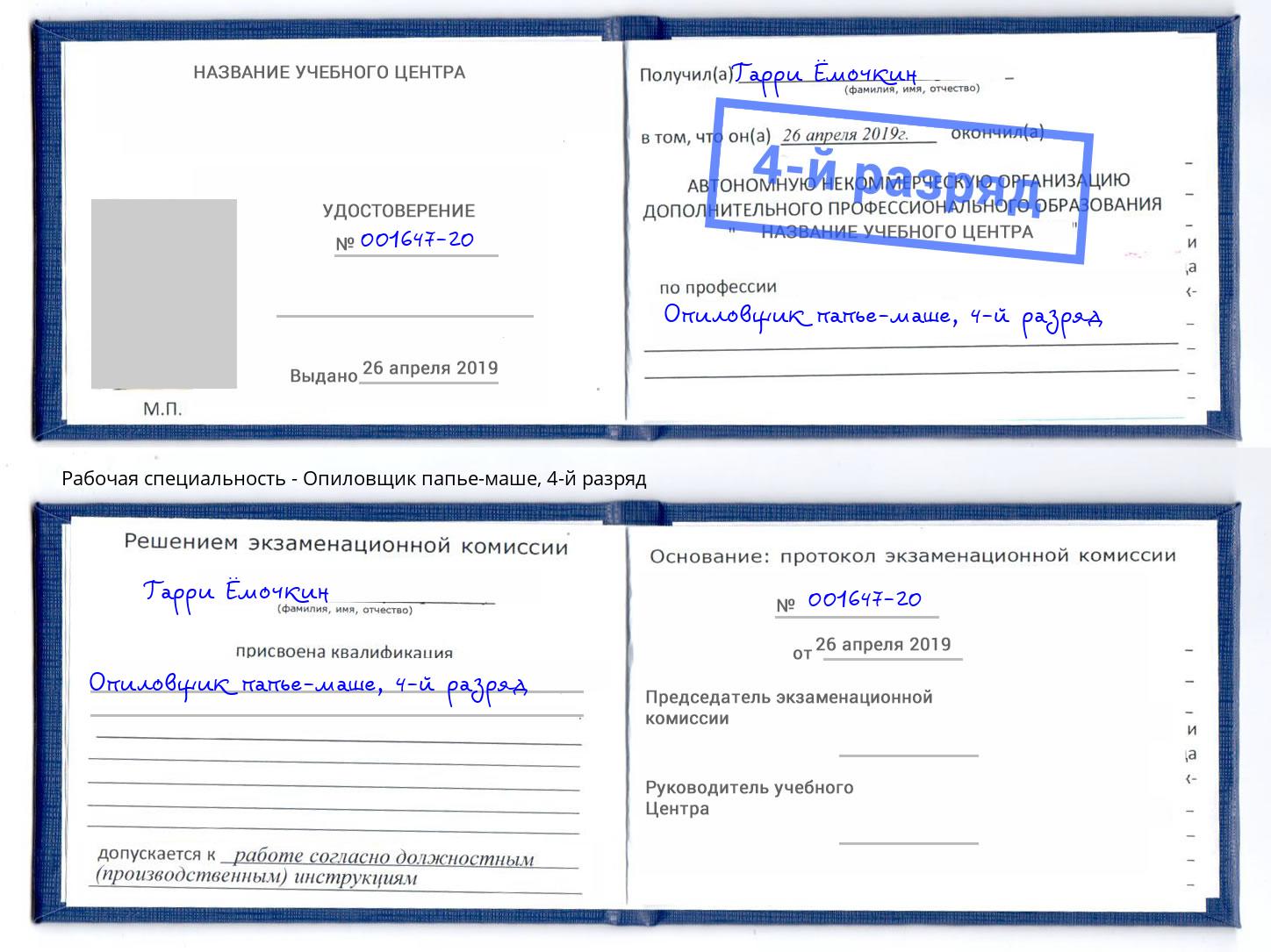 корочка 4-й разряд Опиловщик папье-маше Мичуринск