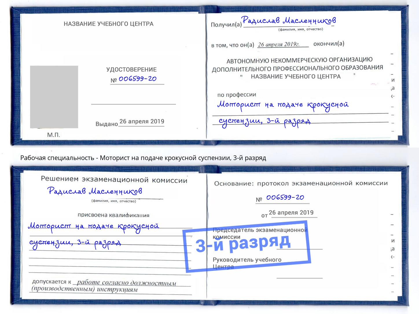 корочка 3-й разряд Моторист на подаче крокусной суспензии Мичуринск