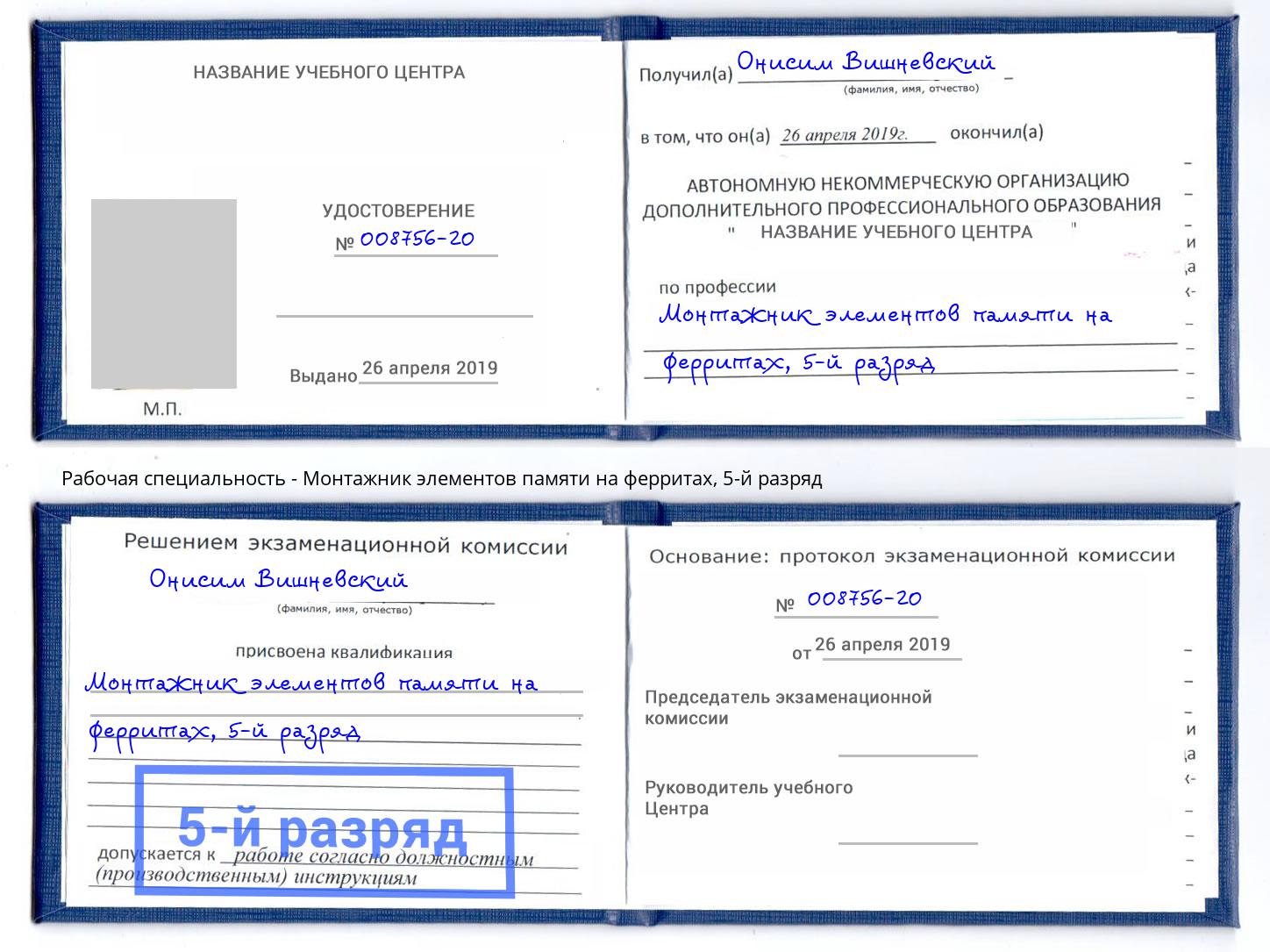 корочка 5-й разряд Монтажник элементов памяти на ферритах Мичуринск