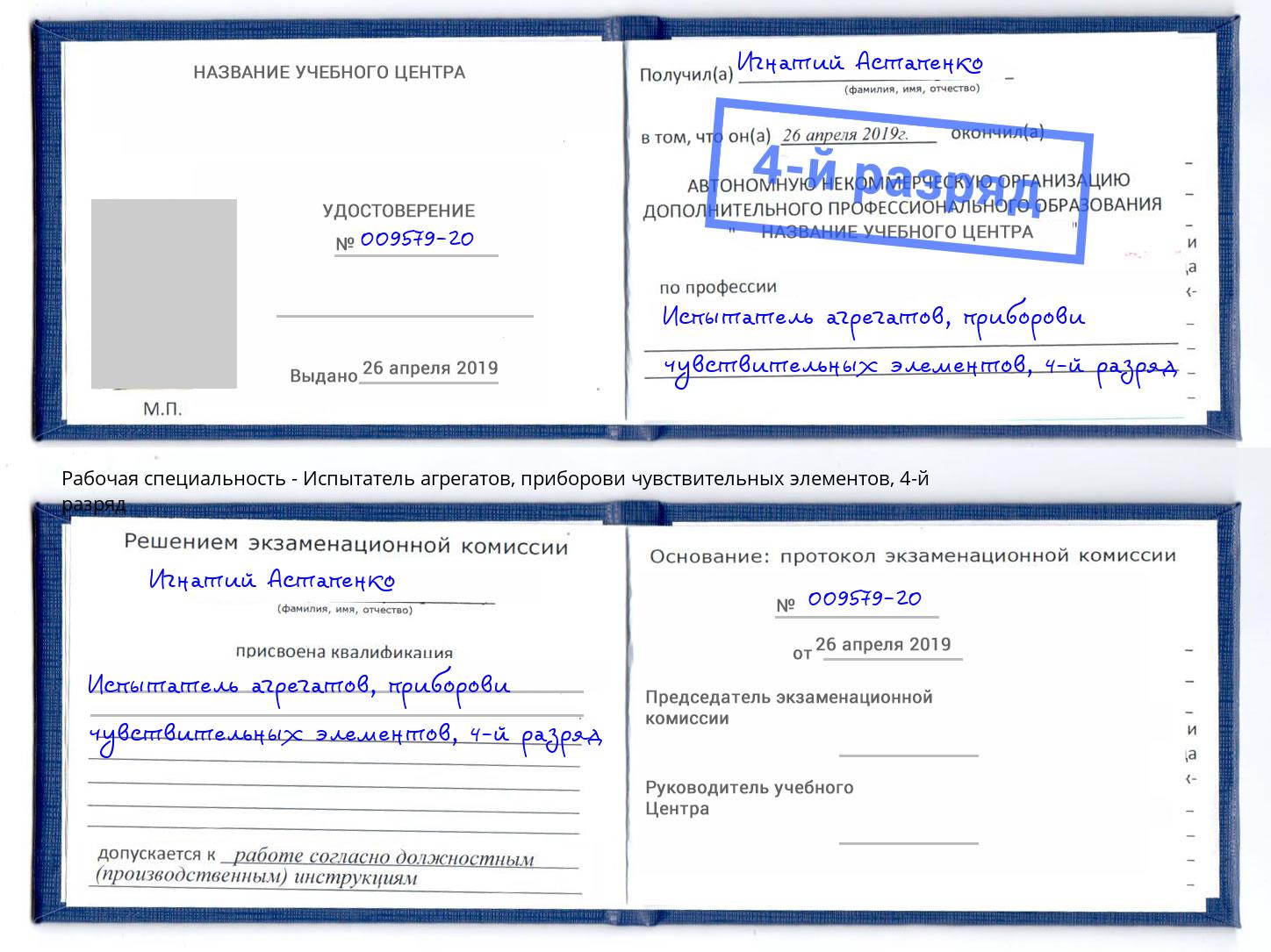 корочка 4-й разряд Испытатель агрегатов, приборови чувствительных элементов Мичуринск