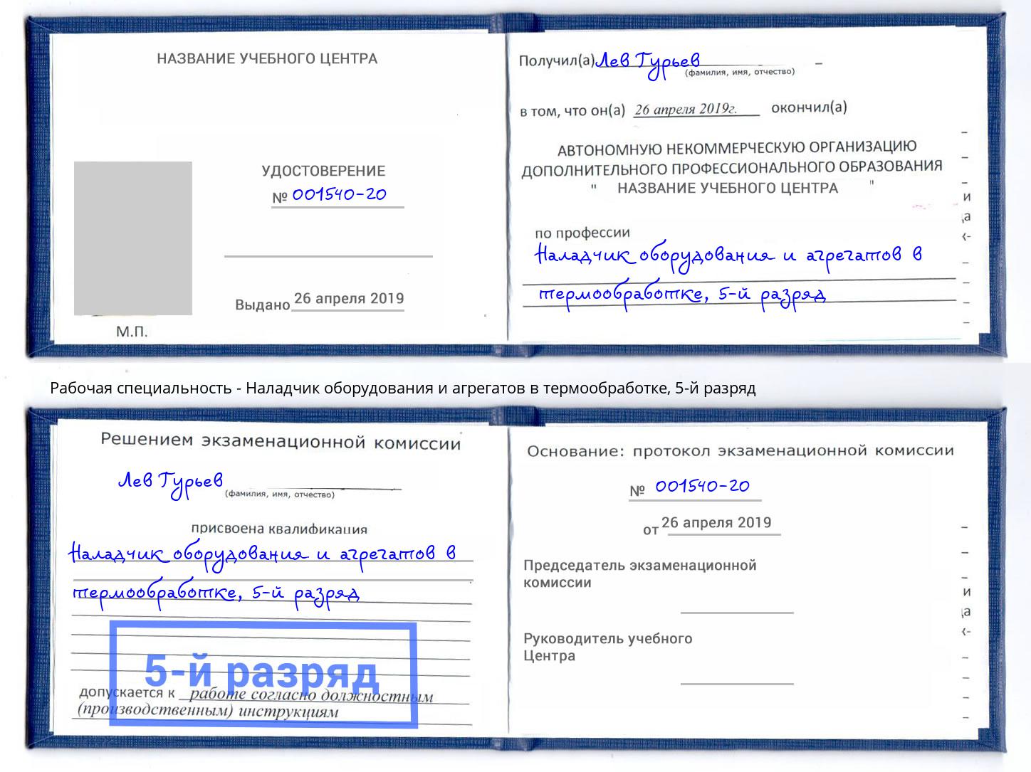 корочка 5-й разряд Наладчик оборудования и агрегатов в термообработке Мичуринск