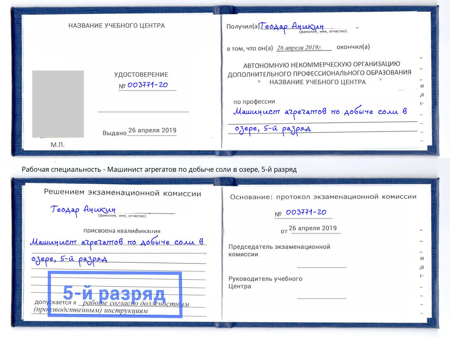 корочка 5-й разряд Машинист агрегатов по добыче соли в озере Мичуринск