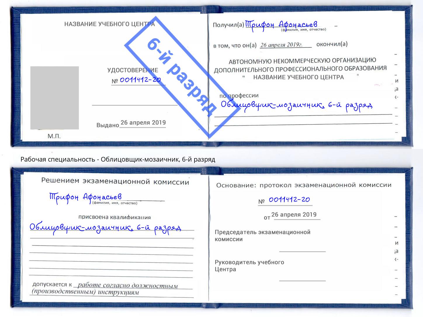 корочка 6-й разряд Облицовщик-мозаичник Мичуринск