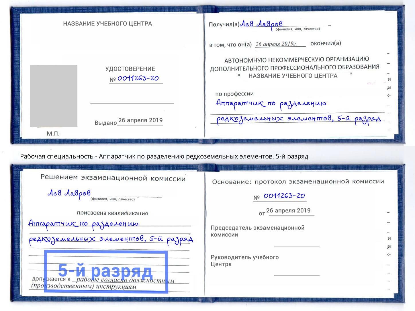 корочка 5-й разряд Аппаратчик по разделению редкоземельных элементов Мичуринск