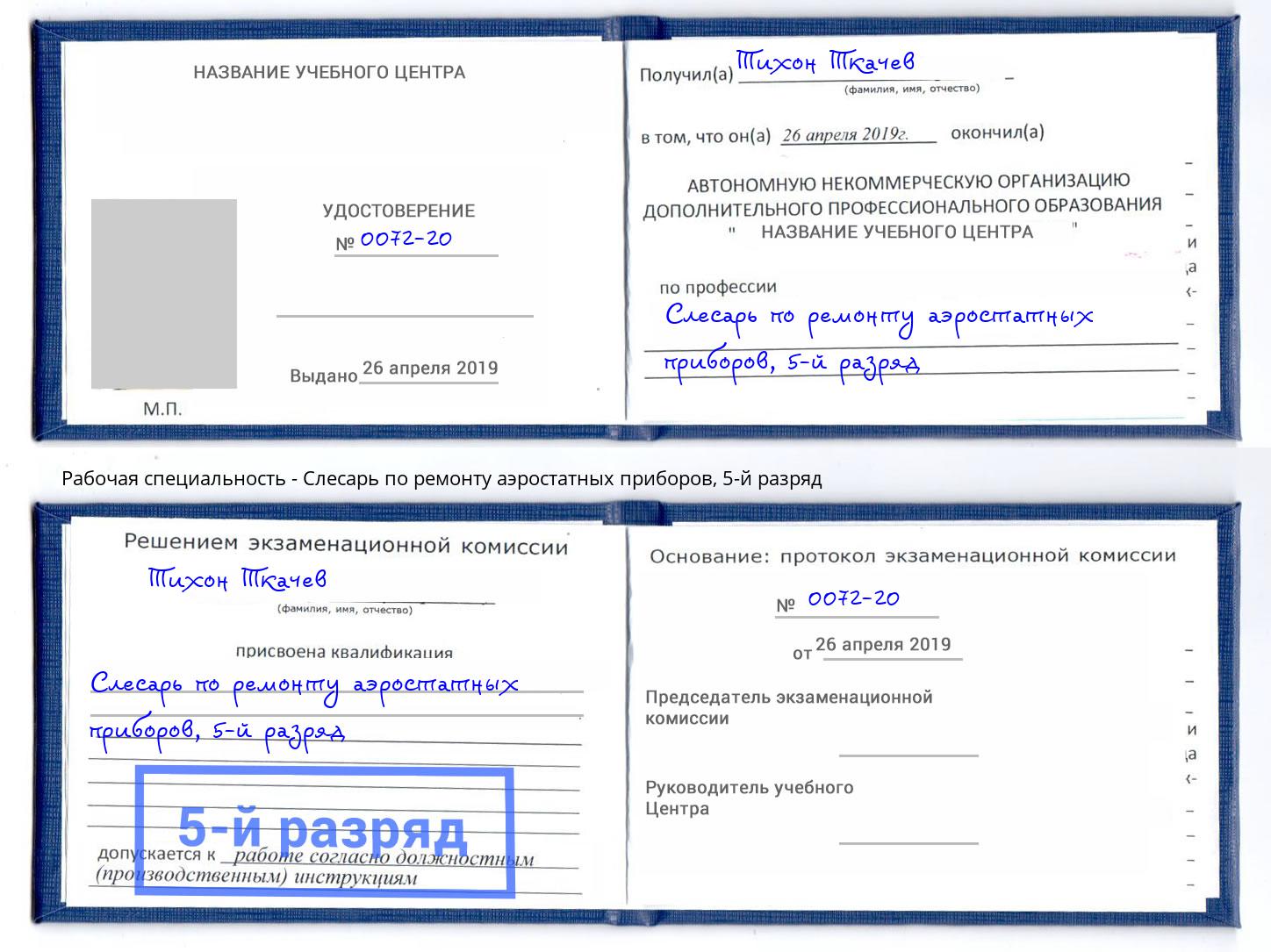 корочка 5-й разряд Слесарь по ремонту аэростатных приборов Мичуринск