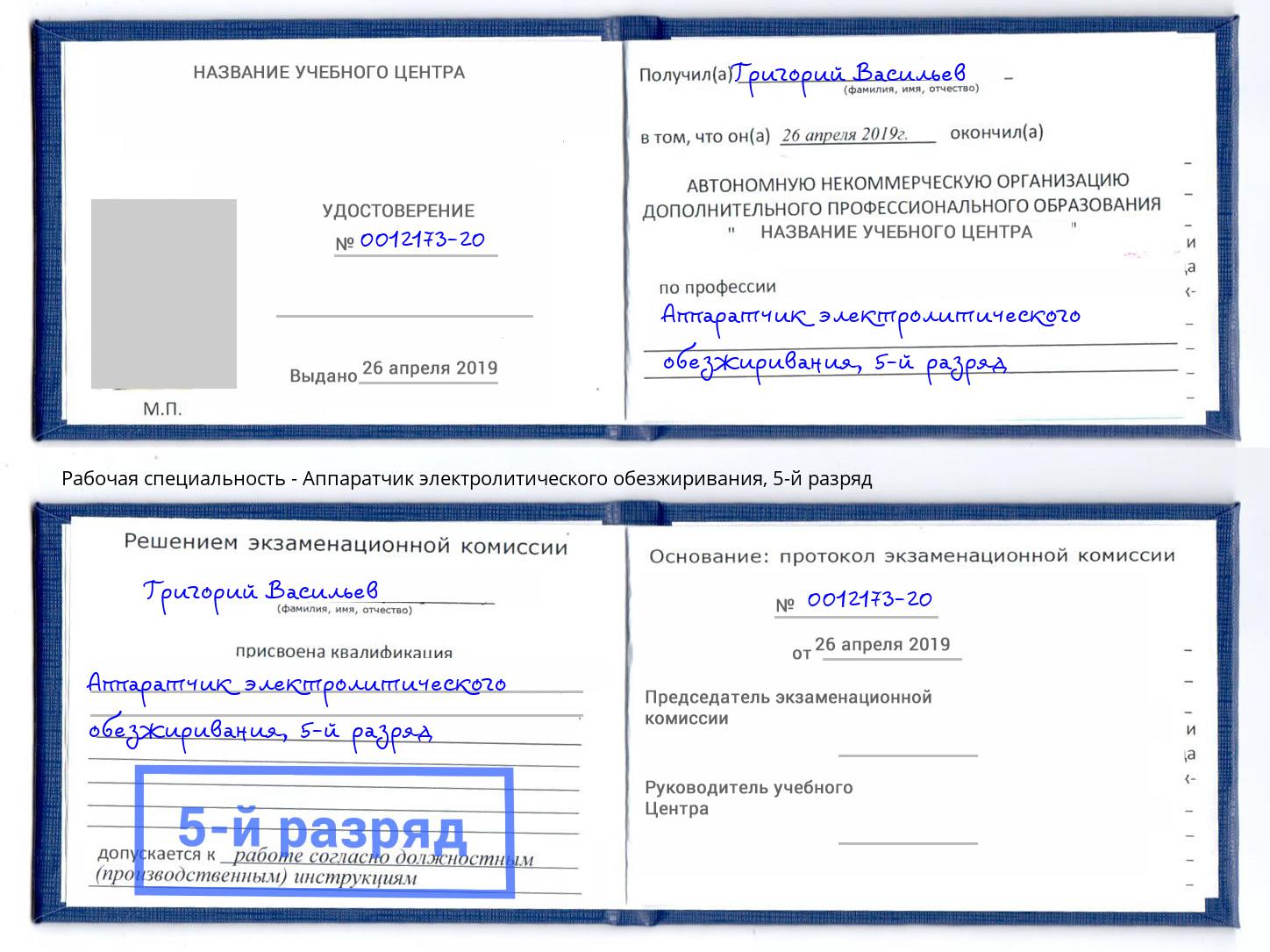 корочка 5-й разряд Аппаратчик электролитического обезжиривания Мичуринск